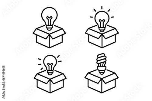 Thinking outside the box icon set. Light bulb emerging from an open package. Concept for creative idea, innovation, new solution, and startup. Unpacking a project metaphor.