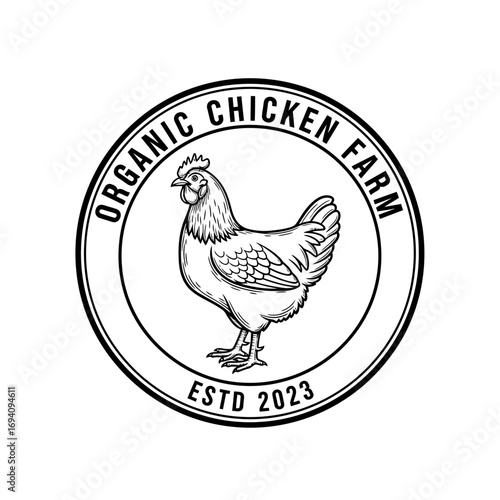 A vintage black and white logo for an organic chicken farm featuring a detailed hen illustration.