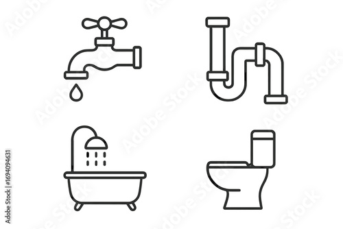 Plumbing and bathroom line icon set. Faucet, pipes, toilet, and shower pictogram collection. Minimal vector illustration for web, apps, and graphic design. Sanitary symbols.