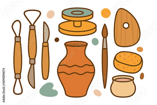 Pottery crafting tools set with vase, sponge, shaping board, sculpting loop tools, brush, and knife on simple background, ceramic art pottery making supplies vector illustration