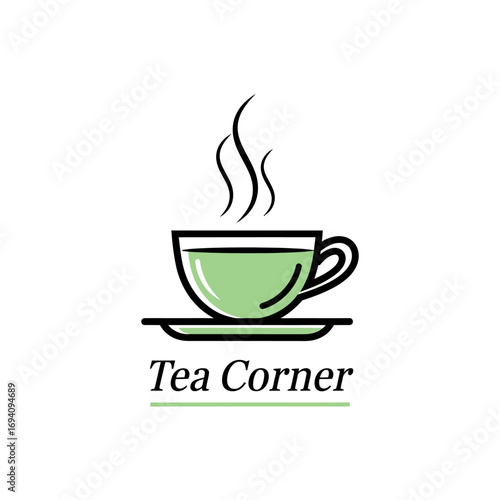 Simple line art logo of a teacup and saucer, with steam rising, and the text "Tea Corner".