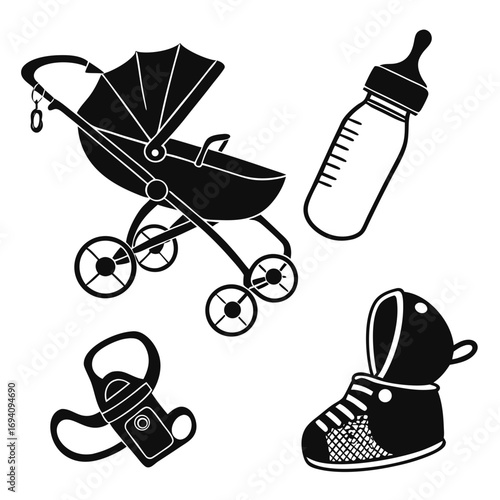 Baby stroller bottle pacifier shoe vector