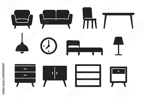 Minimalist home furniture icon set. Modern silhouette collection for interior design. Vector illustration of stylish decor elements like sofa, chair, bed, lamp, and table.