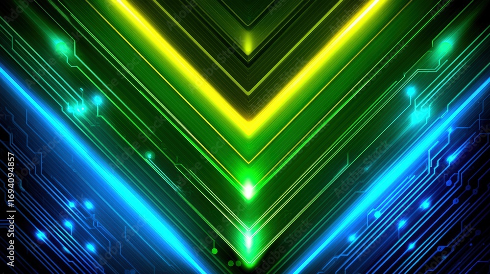 Fototapeta premium High-contrast tech background with neon lime green Ethereum and Ripple outlines, circuit board patterns, glowing data streams, deep blue and neon cyan color scheme.