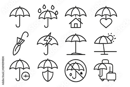 Umbrella line icon set for protection, insurance, and weather. Vector symbols for safety, security, home, health, and travel. Outline graphic elements for web and apps.