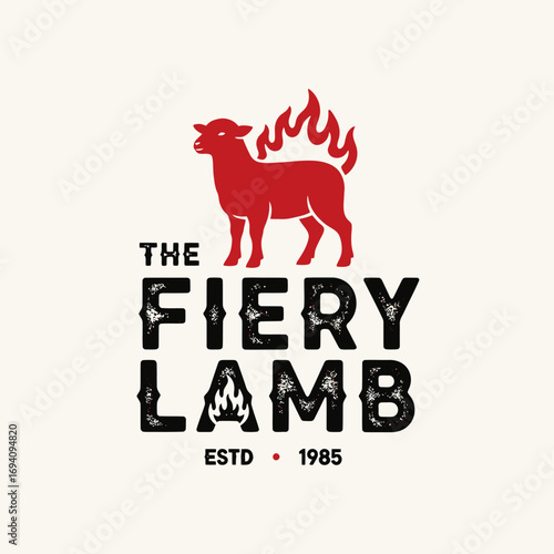 A vintage-style logo for 'The Fiery Lamb' featuring a red lamb with flames on its back and stylized typography.