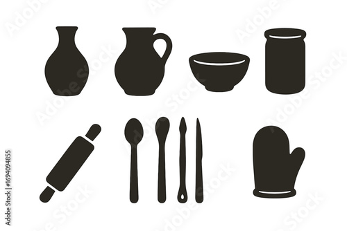 Pottery and baking tools icon set. Minimalist silhouette vector illustration of kitchenware, cooking utensils, and ceramic craft equipment. Clay hobby and handmade concept.