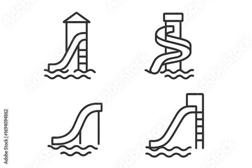 Water Slide Simple Line Icons Collection. Editable Stroke Vector Set of Cartoon Style Water Park Slides with Ladders, Curved and Spiral Design, Perfect for Graphics, Ads, Apps
