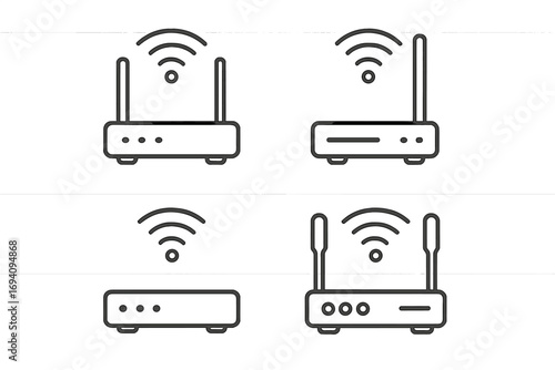 Wi-Fi router icon set with thin line design, editable stroke, wireless network symbols, seamless vector collection for web, apps, books, cards, cartoon style transparent background
