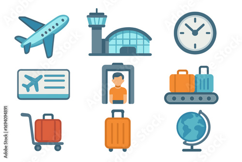 Travel icons set depicting air travel, airport terminal, luggage carts, security checkpoint, boarding pass, world globe, and clock in modern flat cartoon vector style with transparent background
