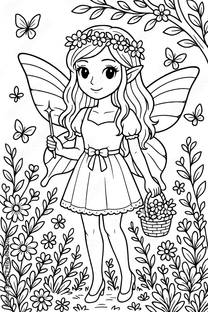 Fototapeta premium Enchanting fairy with flower crown and basket in a whimsical garden scene