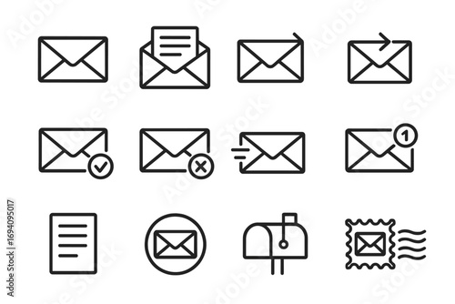 Mail icon set. Envelope, email, message line icons. Post, letter, communication symbol collection. Send, receive, notification, open, delete sign. Vector for web, app, UI, UX.