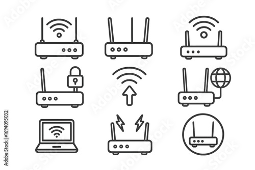 Wi-Fi Router Icon Set with Editable Stroke, Wireless Signal Technology, Network Security Lock, Internet Connection, Laptop WiFi, Modern Digital Communication, Vector Cartoon Illustration