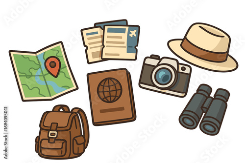 Travel preparation essentials collection with map, airplane tickets, backpack, passport, camera, binoculars, and summer hat. Adventure and vacation gear vector cartoon illustration for trip planning