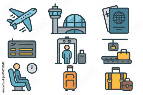 Travel icons set with airplane, airport control tower, boarding pass, passport, luggage scanner, suitcase, waiting passenger, baggage claim conveyor, modern flat vector illustration