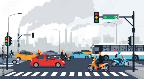 Busy city intersection with heavy traffic and pollution smog in the background