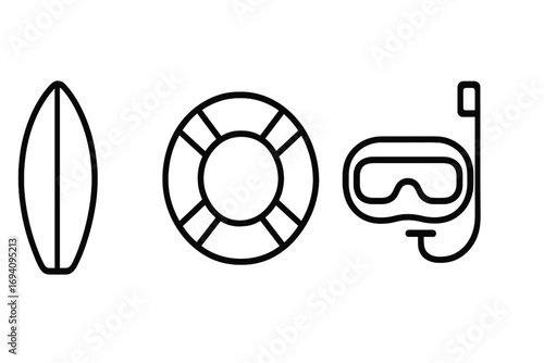 Summer beach vacation & water sports line icon set. Surfboard for surfing, lifebuoy for safety, diving mask for snorkeling. Minimal linear vector pictogram for web design.