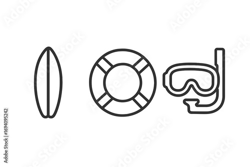Summer beach vacation icon set. Surfboard, lifebuoy, and diving mask line art. Water sports, ocean safety, and travel concept. Minimalist vector for web and graphic design.