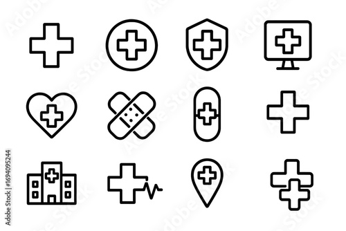 Medical cross line icon set. Health care plus sign. Medicine hospital symbol. Pharmacy, emergency, first aid outline icons. Health protection, clinic location & online doctor.