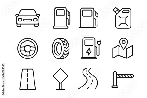 Car and Transportation Line Icons Set, Outline Style Steering Wheel, Fuel Pump, Gas Can, Tire, Electric Charging Station, Road Map, Street Sign, Highway, Traffic Barrier, Auto Elements Vector