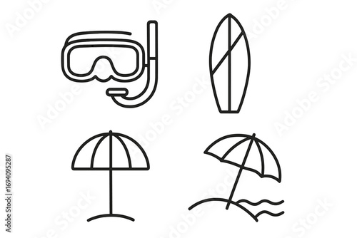 Minimalist beach icon set featuring diving mask, snorkel, surfboard, beach umbrella, summer holiday outline symbols, seaside vacation line art, graphic elements for web, apps, travel ads, ocean themes