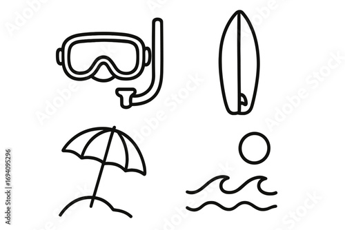 Outline Beach Line Icons Collection. Snorkel Mask, Surfboard, Beach Umbrella, Sun, Ocean Waves. Summer Vacation, Water Sports, Leisure Activities. Minimalist Vector Design for Web and Print