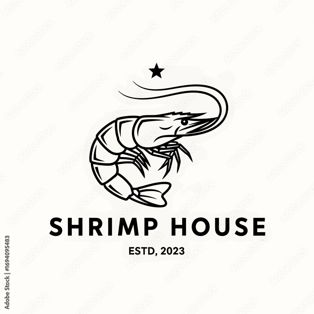Obraz premium A stylized black and white logo design featuring a shrimp illustration and text.