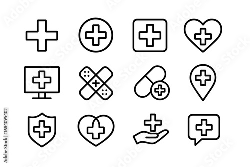 Medical cross icons collection. Outline healthcare, emergency, hospital, aid, pharmacy, and clinic symbols. Health, protection, care, medicine, bandage, digital, app interface vector set.