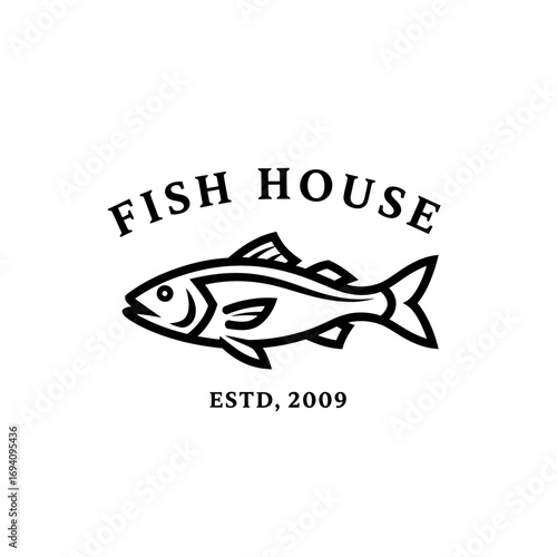 A classic black and white logo for a 'Fish House' established in 2009, featuring a stylized fish icon.