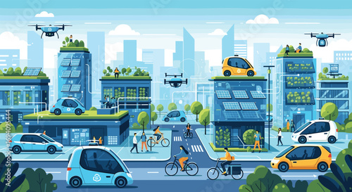 Modern urban landscape featuring sustainable city architecture with futuristic transportation systems and green technologies