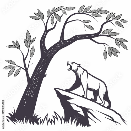 Bear howling on rock under tree roaring animal