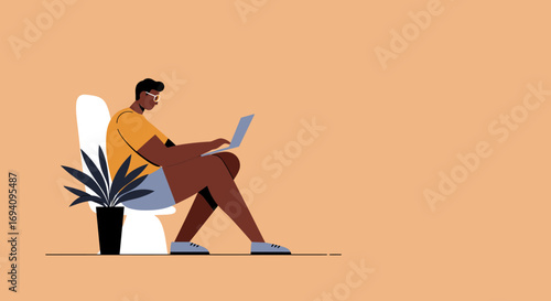 Relaxed person working on a laptop at home, embodying remote work, online education, and modern digital lifestyle. Ideal for business and technology themes.
