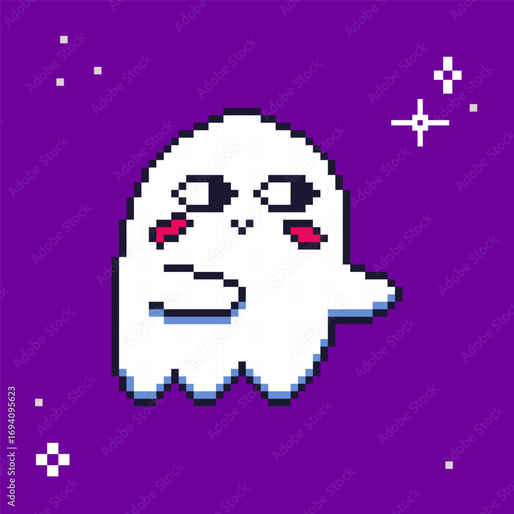 Obraz premium Cute pixel art smiling ghost on purple background. Retro video game style vector illustration for Halloween merchandise, spooky decorations, and nostalgic designs.