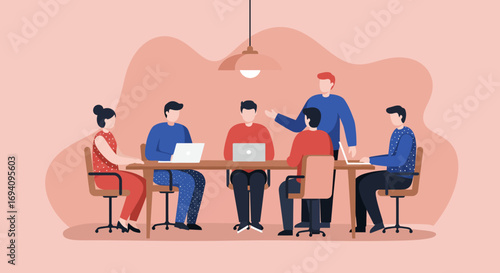Diverse team collaborates in a modern office meeting, discussing ideas and strategizing with laptops. Ideal for business, teamwork, and corporate concepts.