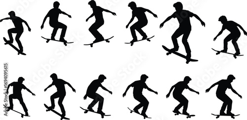 Skateboard trick silhouette sequence, dynamic sports motion illustration, athlete performing jump and balance, skateboarding technique reference, extreme sport action art
