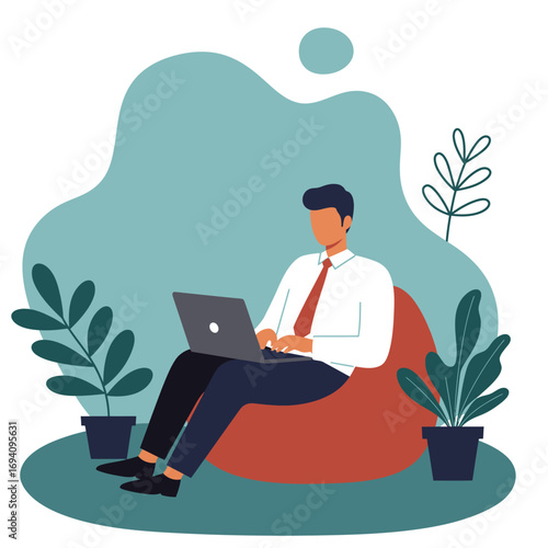 A businessman works on a laptop from a comfortable bean bag chair, symbolizing remote work, flexible productivity, and a modern digital lifestyle.