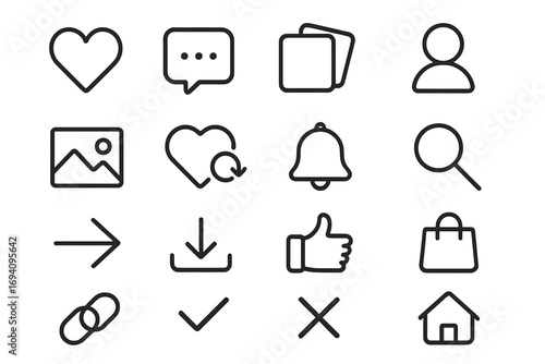 Modern Outline Style Vector Icons Set for Social Media, Web Design, Apps, User Interface, Communication, Shopping, Notification, Home, and Link Functions on Transparent Background