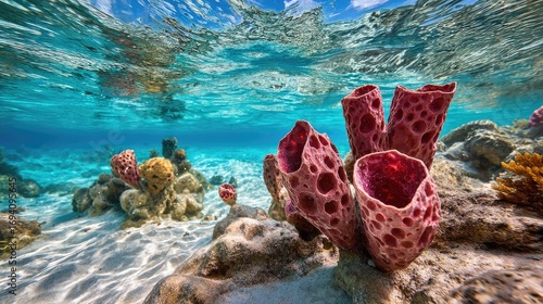 Vibrant pink sea sponges in a shallow coral reef.