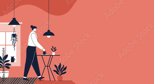 Minimalist illustration of a woman enjoying a quiet moment at home, surrounded by indoor plants. Ideal for lifestyle, wellness, or modern living themes.