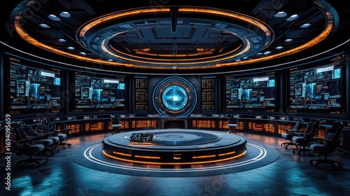 Futuristic control room, circular, monitors,  data display,  empty