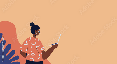 Modern illustration of a stylish woman working remotely on a laptop, embodying productivity, digital lifestyle, and online connectivity. Ideal for business and technology themes.