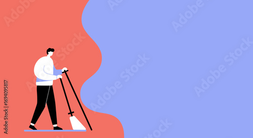 Minimalist illustration of a person sweeping with a broom and dustpan on a vibrant two-tone background, representing cleanliness and daily chores.