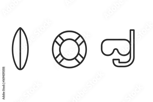 Surfboard Lifeline and Diving Mask Line Vector Icons. Minimalistic Beach Watersports Linear Pictograms for Web Banners Apps Graphic Design Social Media Summer Holiday Travel Safety Concept