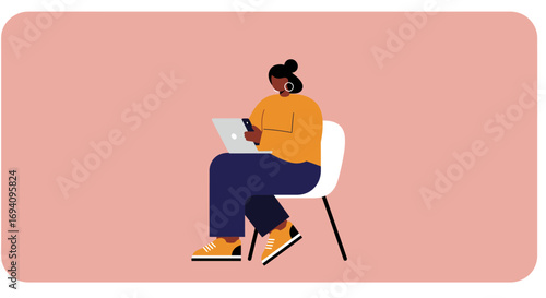 Illustration of a focused person sitting, multitasking with a laptop and smartphone. Represents remote work, online learning, and digital connectivity for business or casual use.