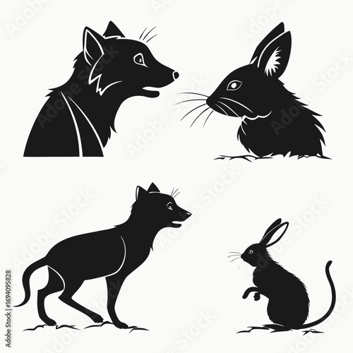 Black animal silhouettes facing each other rabbit mouse