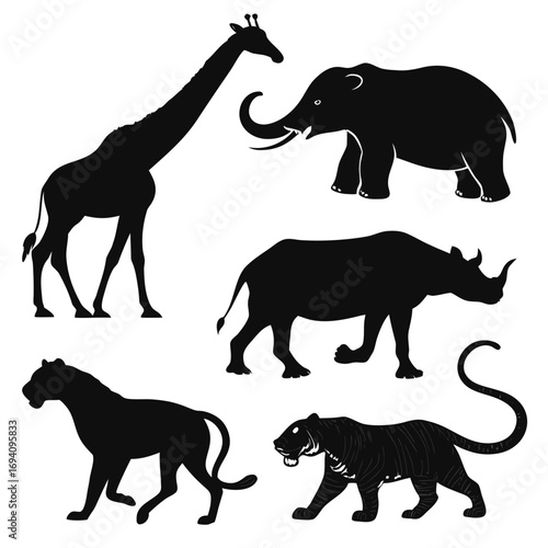 Black animal silhouettes giraffe elephant rhino tiger panther
