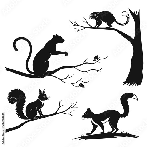 Black animal silhouettes on branches and ground squirrel
