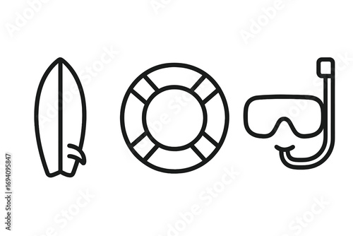 Surfboard lifebuoy diving mask snorkel thin line icon set. Water sports rescue safety gear. Minimalist aquatic adventure equipment pictogram for web graphic design app banner and social media.