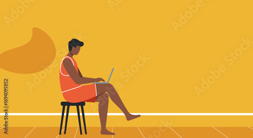 Focused man in orange attire uses a laptop on a stool against a yellow background, representing remote work, online learning, or a casual digital lifestyle.