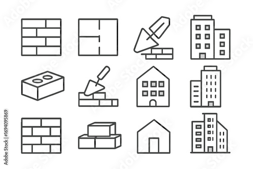Building and construction line icon set. Vector outline symbols for architecture, real estate. Includes brick wall, floor plan, trowel, house, and skyscraper pictograms.
